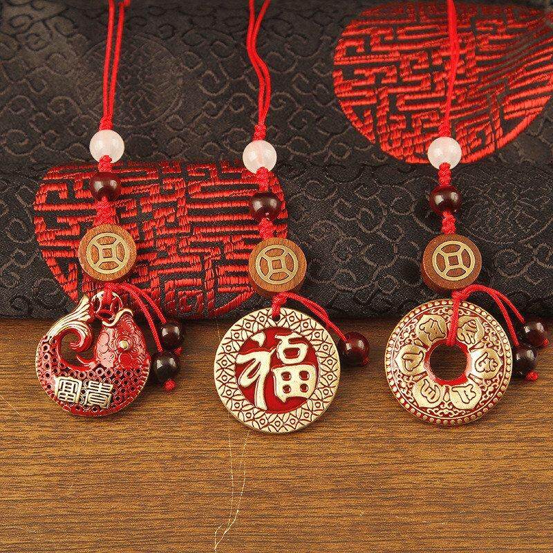 黄铜红油钥匙扣挂件年年有余出入平安牌手工编绳挂饰手机包包挂饰