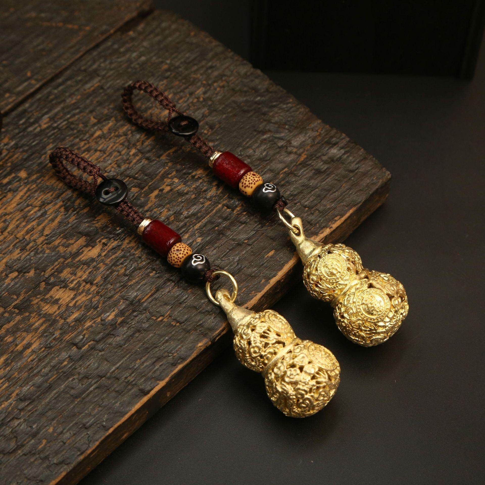 黄铜金色双龙葫芦钥匙扣挂件男女汽车钥匙链包包挂饰吉祥如意吊坠