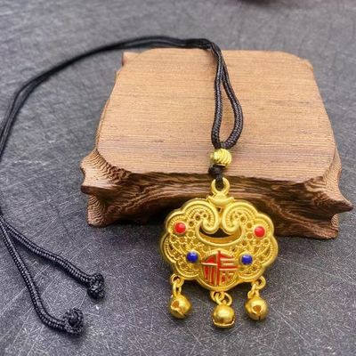 新中式长命金锁金色莲花福袋项链吊坠禅意风毛衣链挂件金属装饰品