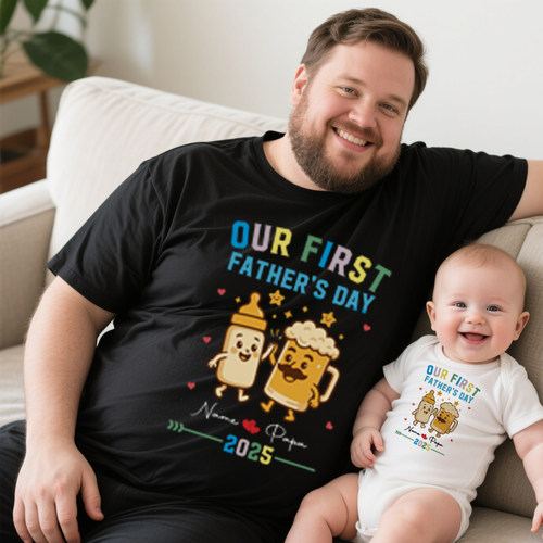 First Father's Day Gift夏季亲子装爸爸婴儿连体休闲圆领短袖t恤