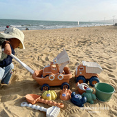 ins风韩国儿童小船手拉车厚实麦秆载沙翻斗车玩沙推土车戏水桶铲