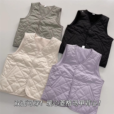 暖和小火炉/加绒夹棉两面穿马甲~四色V领菱格衍缝保暖背心外套女