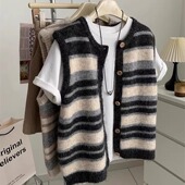 减龄复古条纹叠穿背心女宽松时髦百搭显瘦圆领开衫 秋冬无袖 坎肩潮