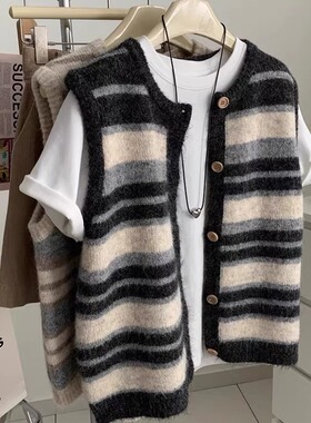 减龄复古条纹叠穿背心女宽松时髦百搭显瘦圆领开衫秋冬无袖坎肩潮