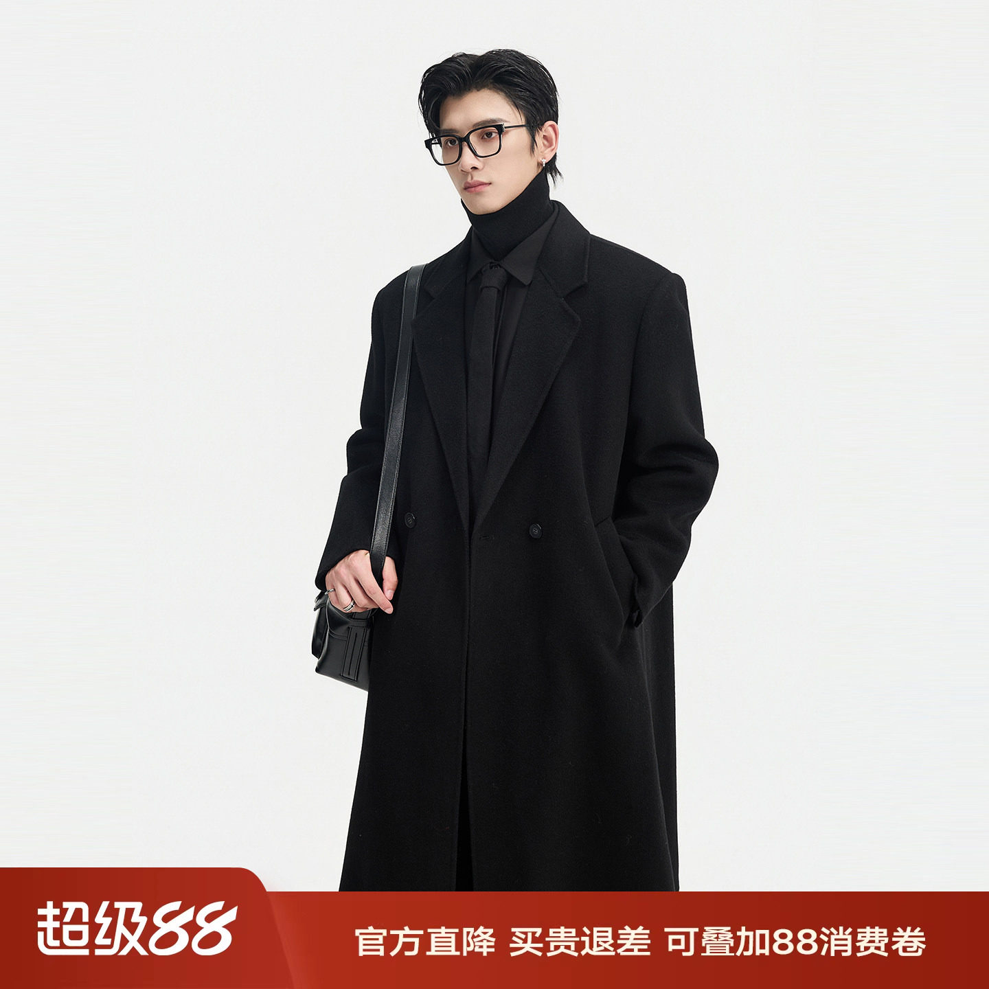 全羊毛/羽绒内胆/过膝超长款伯爵卓尔双面呢子大衣男冬季垫肩外套