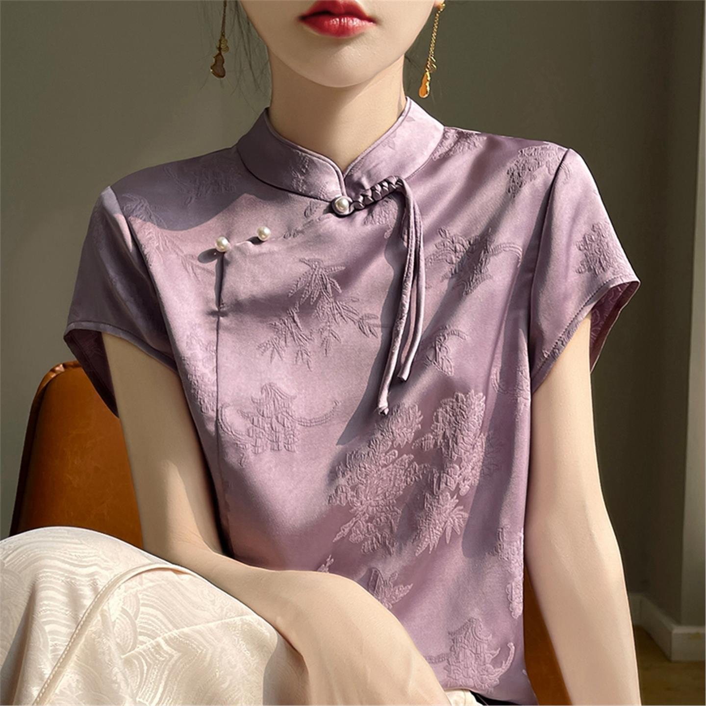 中式国风盘扣提花衬衫缎面禅意旗袍上衣立领套头衬衣真丝短袖T恤
