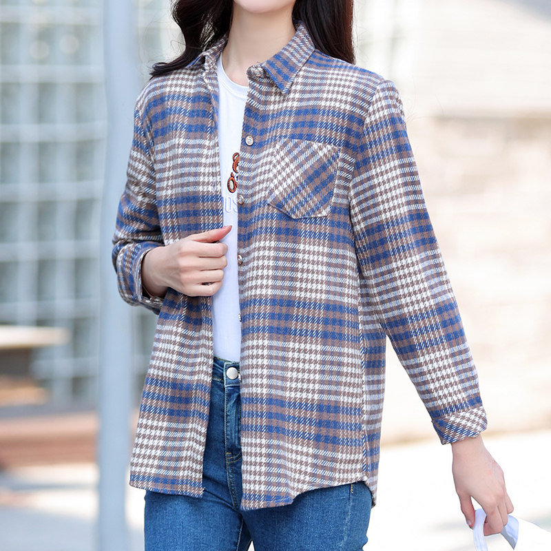 春秋韩版格子衬衫女加厚毛呢外套设计感长袖衬衣宽松复古大码上衣
