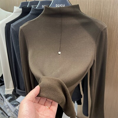 加绒抓毛2025冬季新款折领韩系长袖T袖女打底衫百搭保暖宽松上衣