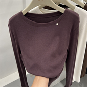 超漂亮显白紫色上衣简约好搭配宽松长袖 T恤女弹力保暖加绒打底衫