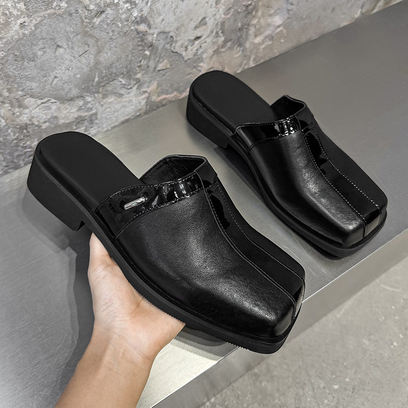 方头穆勒包头半拖鞋男夏季高级感一脚蹬懒人通勤外穿大码皮拖鞋45