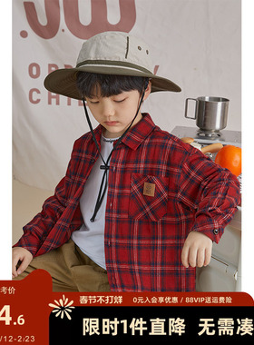 多多家 男童格纹衬衫春秋红色复古儿童衬衣中大童春装宽松上衣