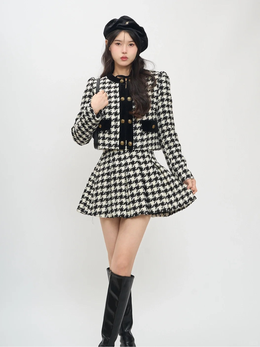 千鸟格小香风时尚毛呢羽绒服外套女2025春秋冬新款名媛白鸭绒上衣