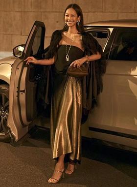 ROMA黑色长款连衣裙黑金渐变裹胸连衣裙瑞典CG