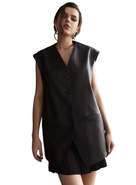 绵羊皮黑色休闲真皮马夹无袖马甲CORA&WYNN宽松版马夹