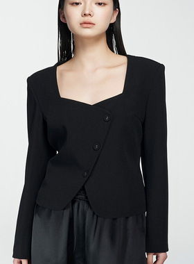 cora&wynn小众设计师品牌 长袖黑色百搭 U领斜扣短外套洛杉矶