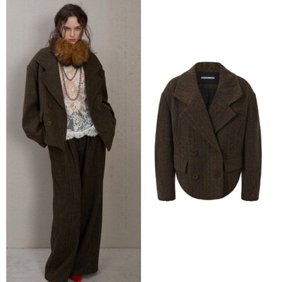 复古羊毛大翻领西服外套 人字纹弧下摆双面尼短西装SENSEAWEEK