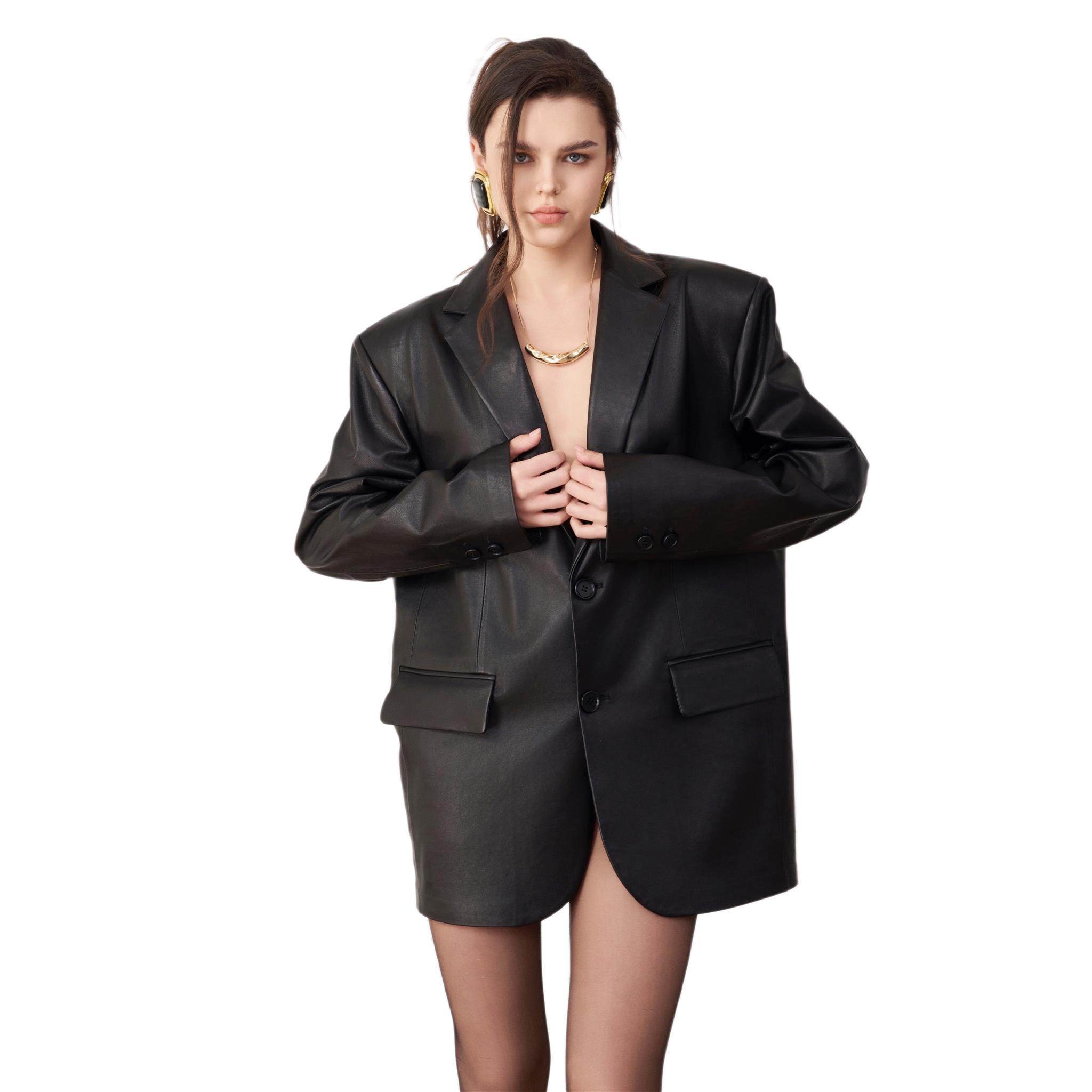 OVERSIZE宽肩短款西服羊皮西装休闲黑色CORA&WYNN