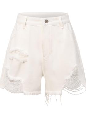 破坏感毛边A字型休闲牛仔短裤高腰白色SENSEAWEEK