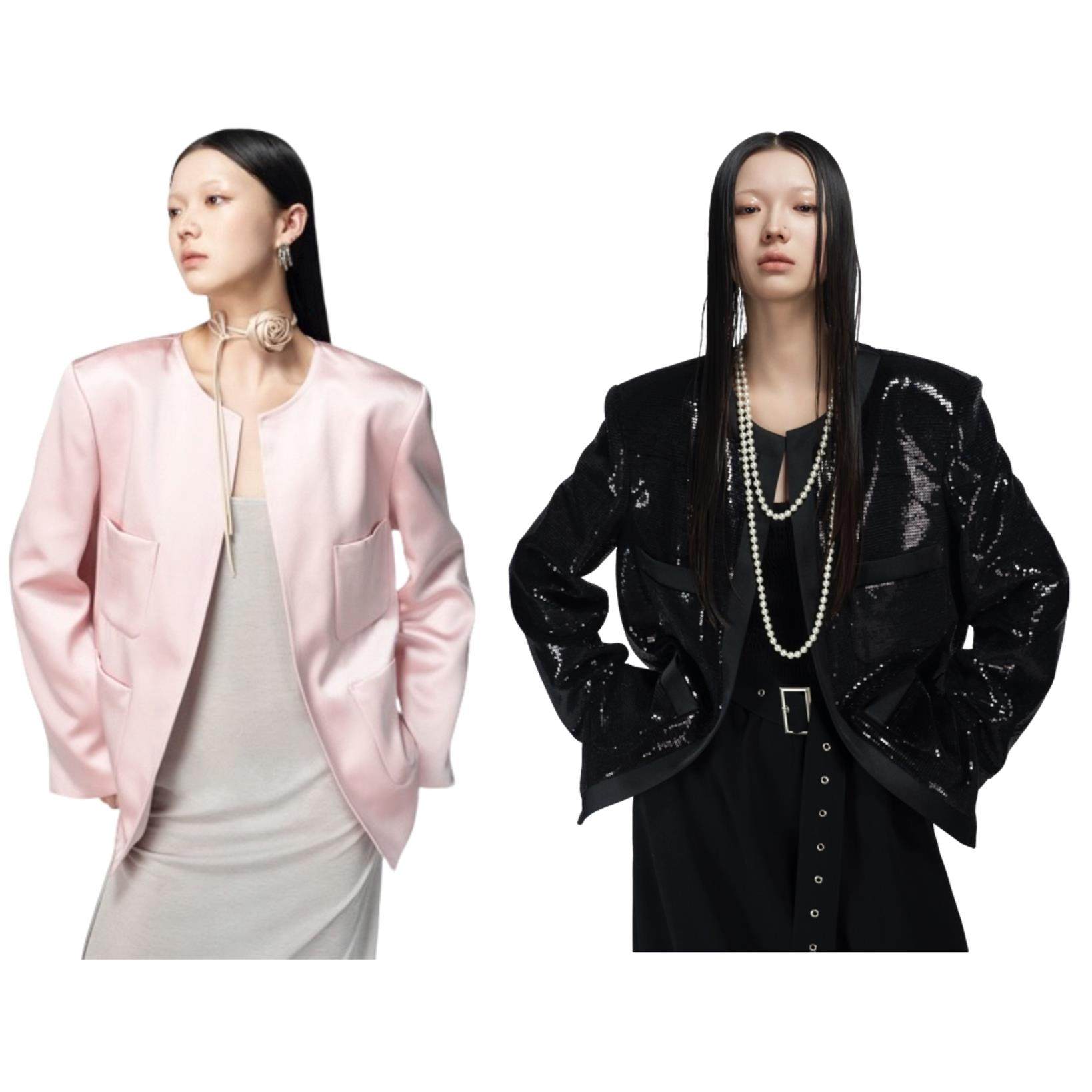 粉色缎面四口袋oversize垫肩无领西装外套CORA&WYNN洛杉矶