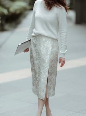 金缎四季款开衩半裙瑞典cg白色优雅高腰中长款气质半身裙包臀百搭
