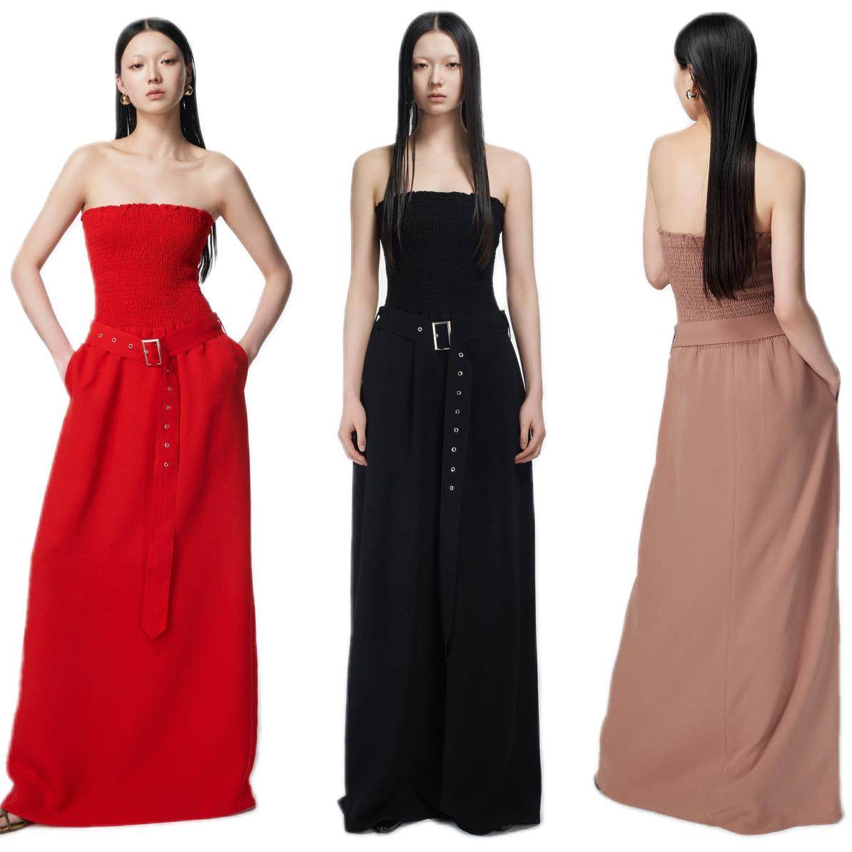 美国设计师CORA&WYNN弹力压褶裹胸长裙连衣裙长款