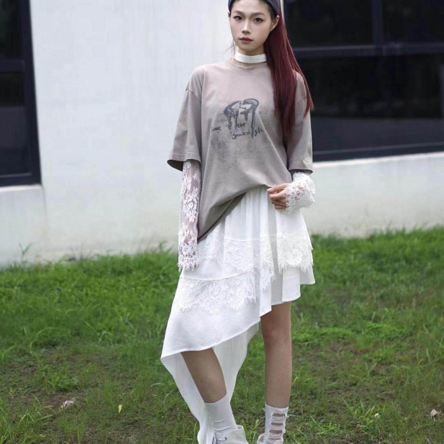 蕾丝袖循环时钟T恤 新款休闲复古做旧宽松上衣SENSEAWEEK