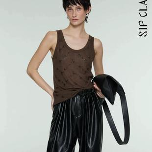 咖色U领珠片背心吊带 设计感外穿打底无袖短上衣SIP CLASS