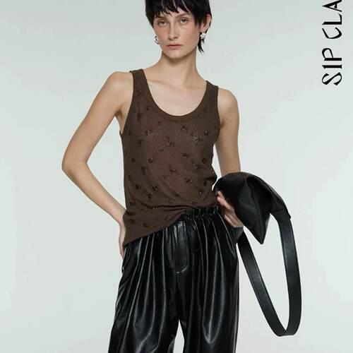 咖色U领珠片背心吊带 设计感外穿打底无袖短上衣SIP CLASS