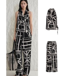 印花V领无袖背心阔腿印花直筒裤套装CONCISEWHITE简白26新品