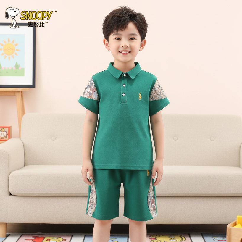 史努比男童短袖t恤套装2026新款儿童夏装男孩polo衫中国风两件套