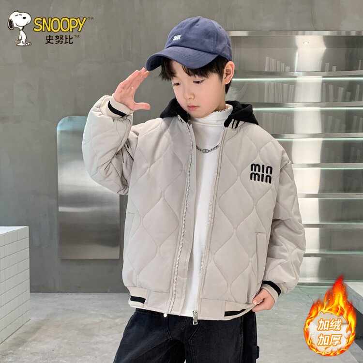 史努比男童棉服新款冬装棉衣棒球服假两件外套中大童装保暖棉袄子