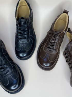 英伦风植鞣头层牛皮布洛克鞋女复古德比鞋系带圆头百搭平底单鞋女