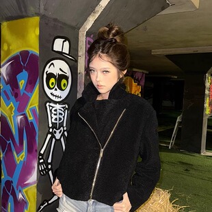 sunn21 百搭黑色毛毛立领女秋冬羊羔毛短外套设计感加厚夹克 美式