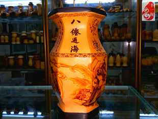 丰一阁名家烫画八仙过海天然紫檀口底花模六方大花瓶葫芦摆件匏器