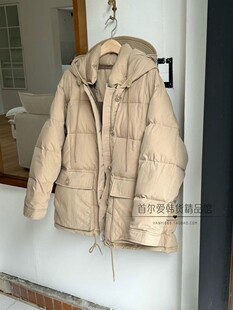现~韩国代购直筒宽松连帽羽绒服 23冬季纯色加厚显瘦工装鸭绒外套