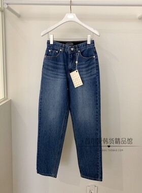 现~UNDERSON韩国代购小直筒牛仔裤女 春秋松紧腰磨白休闲显瘦裤子