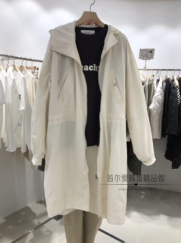 韩国代购连帽抽绳中长款风衣外套