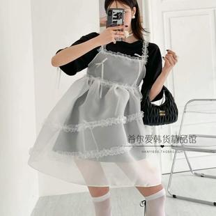 韩国代购欧根纱木耳边吊带裙 24秋冬甜美可爱蓬蓬A字雪纺连衣裙