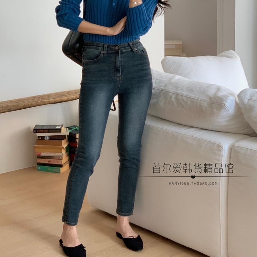现~DARIMI韩国代购复古磨白小脚紧身牛仔裤 春薄拉绒显瘦修身长裤