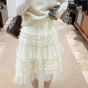 仙女风荷叶边高腰显瘦中长裙半身裙女春季 甜美蛋糕裙A字裙子 新款
