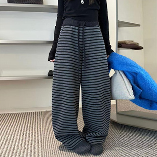 加绒条纹阔腿裤 弯刀裤 卫裤 高腰垂感加厚休闲裤 女韩版 2025秋冬新款