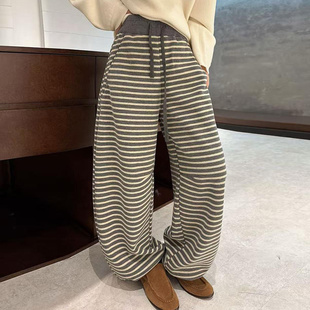 韩系灰色新款宽松条纹休闲裤女冬季加绒加厚垂感显瘦阔腿裤弯刀裤