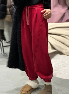 秋冬宽松红色宽松加绒保暖卫裤女欧货高腰束脚裤加厚运动休闲裤子