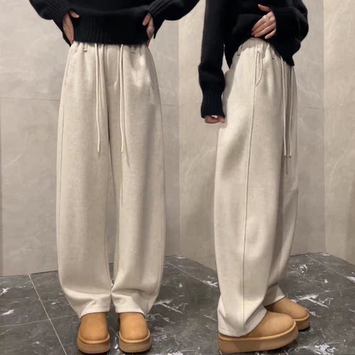 加绒米白色弯刀裤女宽松