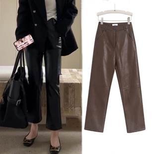 秋冬款高档女裤高腰显瘦修容笔直筒烟管裤九分裤PU皮裤女休闲百搭