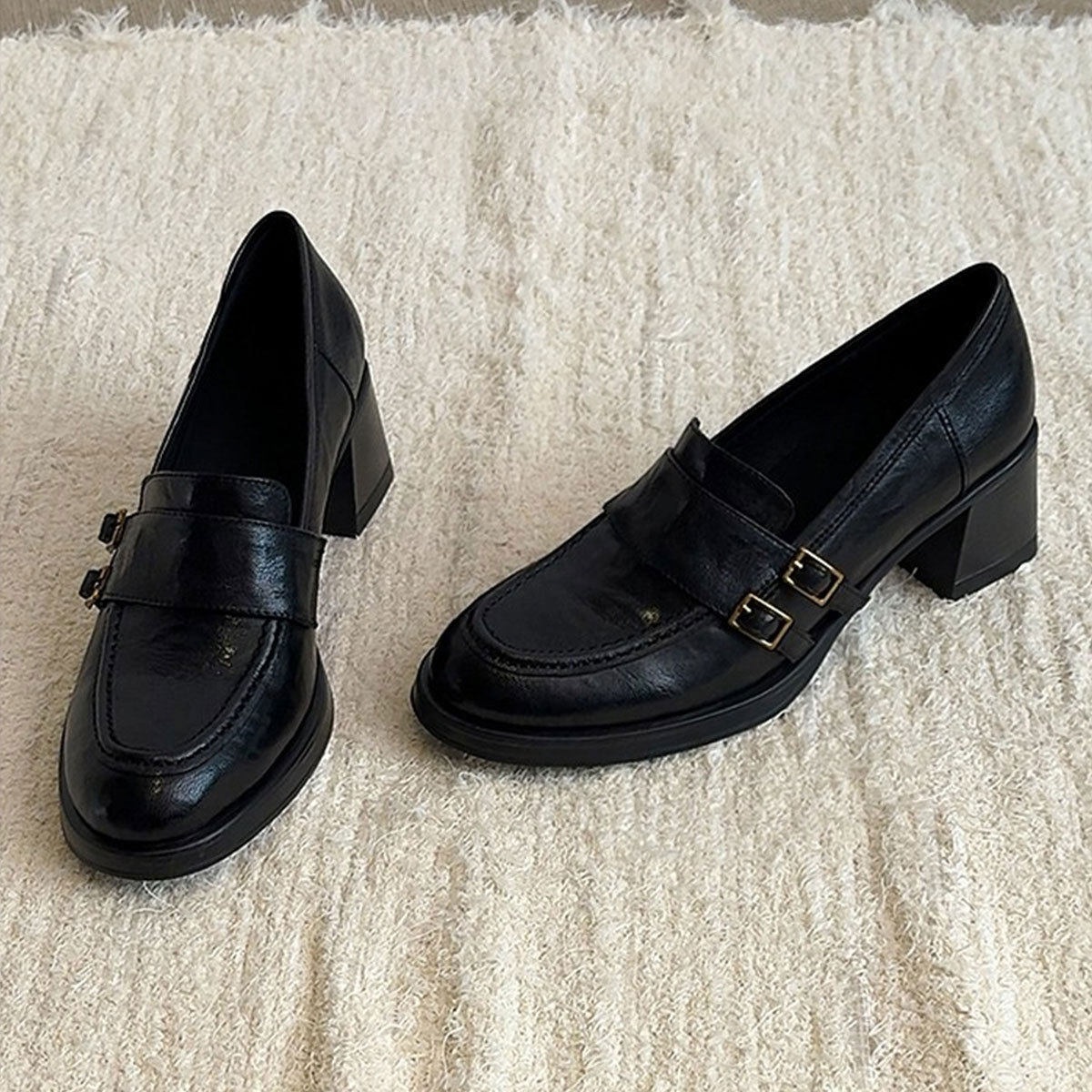 现货双扣带一脚蹬乐福鞋女英伦风百搭粗跟增高黑色单鞋女JK小皮鞋,女鞋,乐福鞋（豆豆鞋）,淘宝优惠券,粉丝福利购,淘宝优惠卷