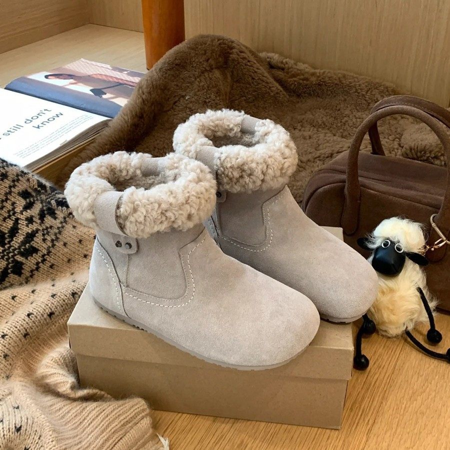软皮版~加绒勃肯靴女圆头复古毛毛短靴平底棉鞋保暖毛绒绒雪地靴,女鞋,时尚雪地靴,淘宝优惠券,粉丝福利购,淘宝优惠卷