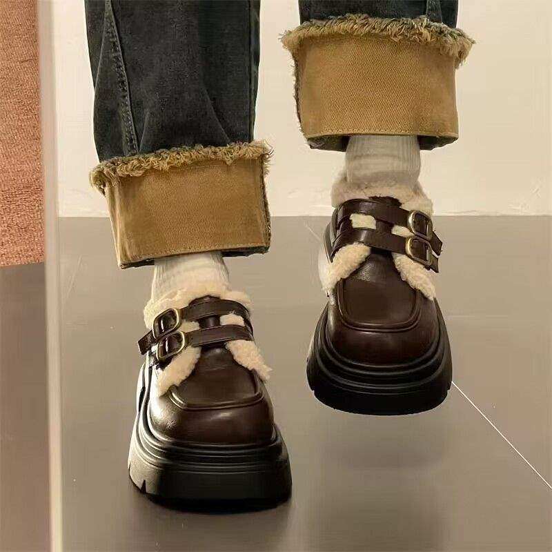 33-42厚底乐福鞋女鞋加绒2025新款黑色小皮鞋女软底毛毛鞋雪地靴