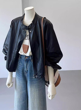 皮衣外套女2024年新款高级感短款黑色夹克今年流行小个子美式复古