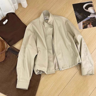 时尚 新款 百搭休闲简约单排扣皮衣外套女宽松立领上衣 韩版 2024秋季